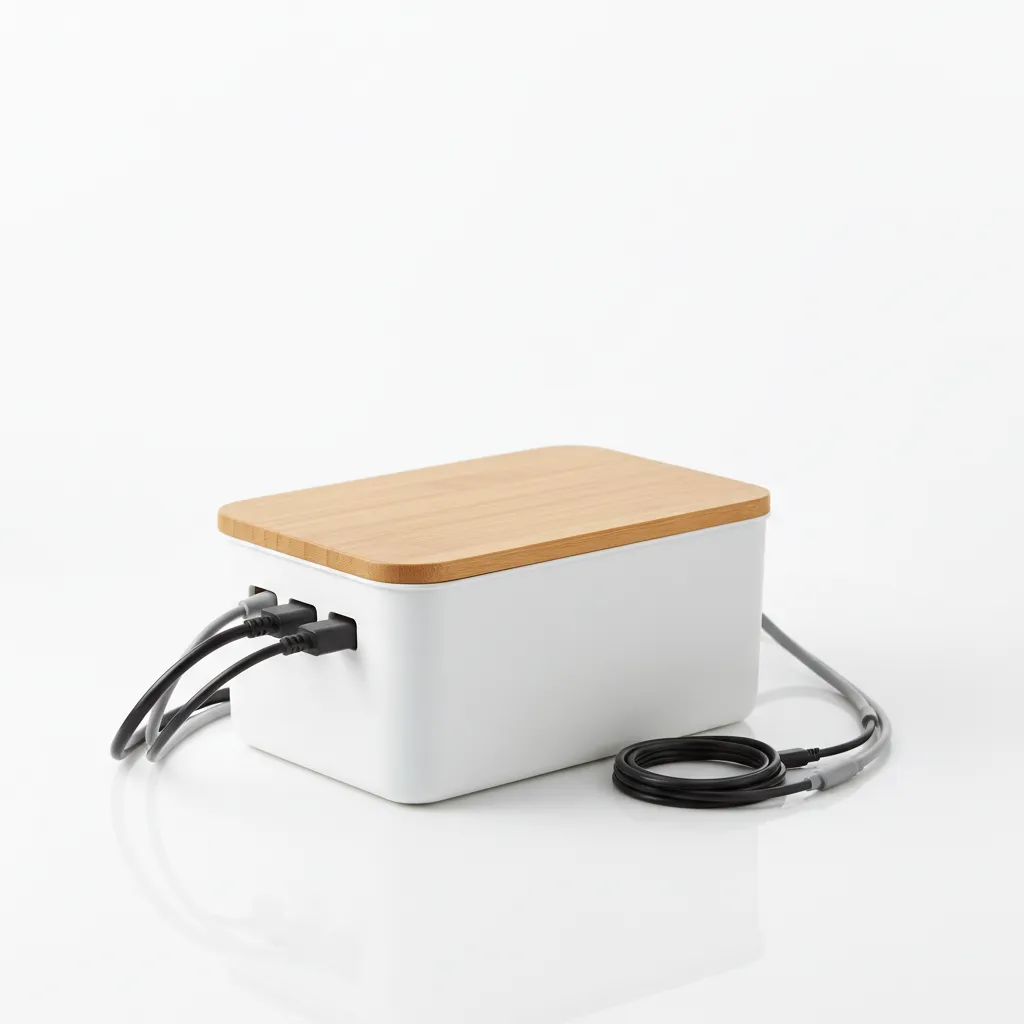 Bamboo topped cable management box with cords