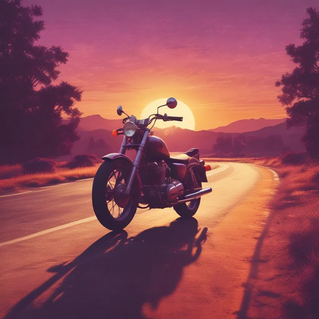 Motorcycle riding into a sunset on the Wouldn't Change the Ride — CharlesR artwork