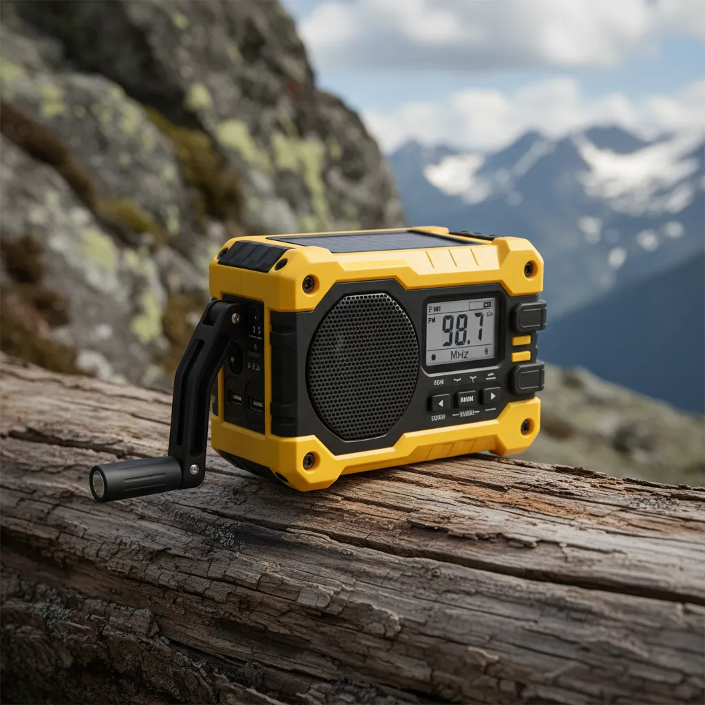 Yellow emergency solar hand-crank weather radio and power bank outdoors